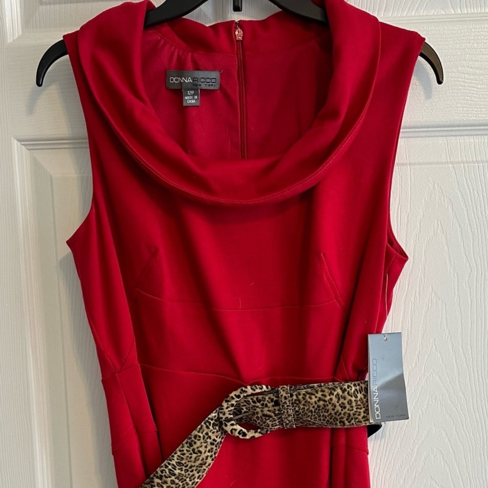 NEW Donna Ricco Scarlet Red Dress with Animal Print Belt Sz 12P
